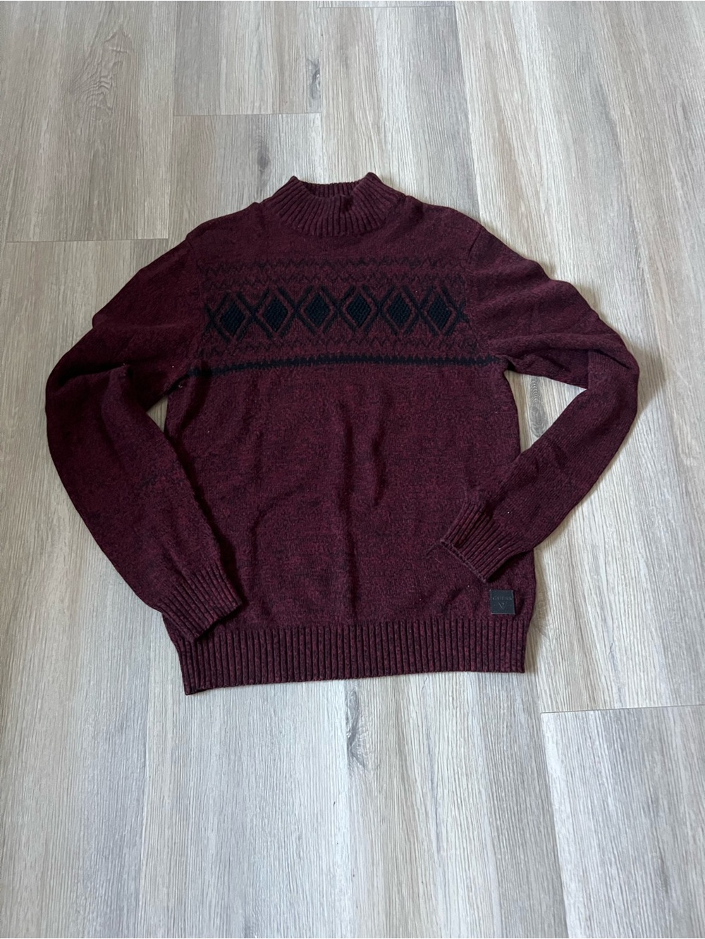 Guess Men's Burgundy Turtleneck Sweater with Black Fair Isle Detail
